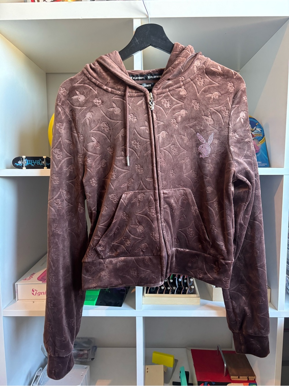 PLAYBOY Embossed Brown Velvet Zip Hoodie with Crystal Bunny